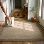 Orla Tan Rug in a sunlit hallway with morning light