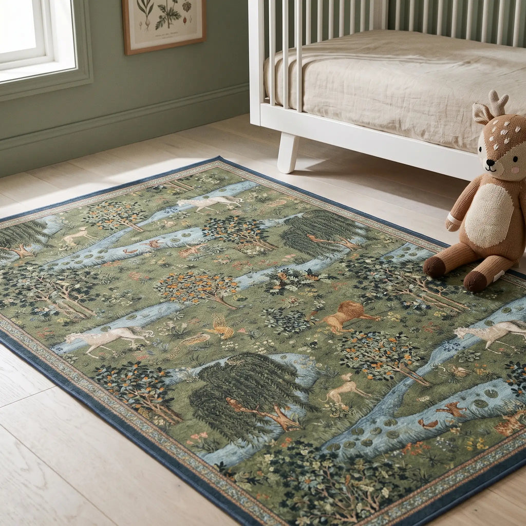Owl and Willow Green Rug in a nursery