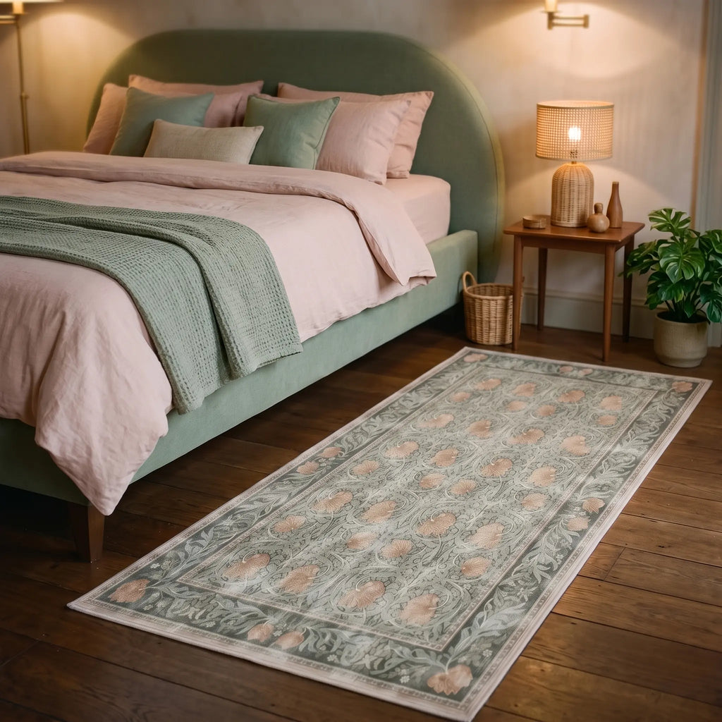 Pimpernel Jade Floral Rug in a bedroom