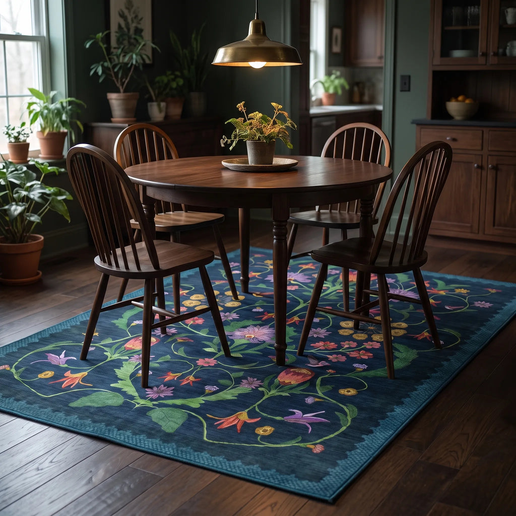 Protea Blue Rug in a dining room