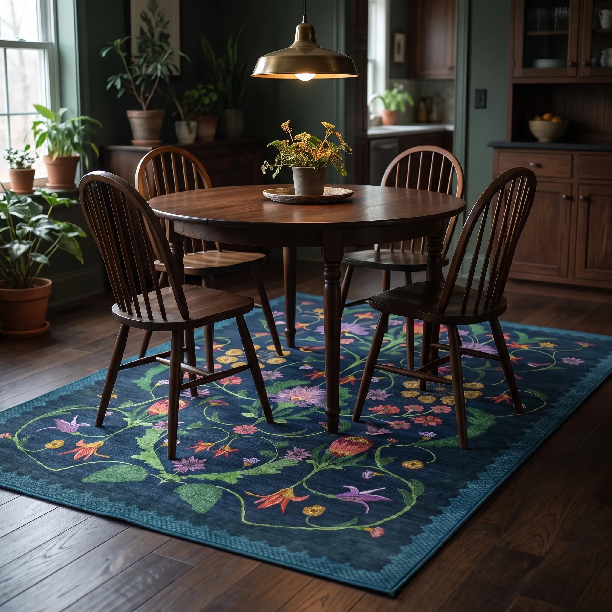 Protea Blue Rug in a dining room