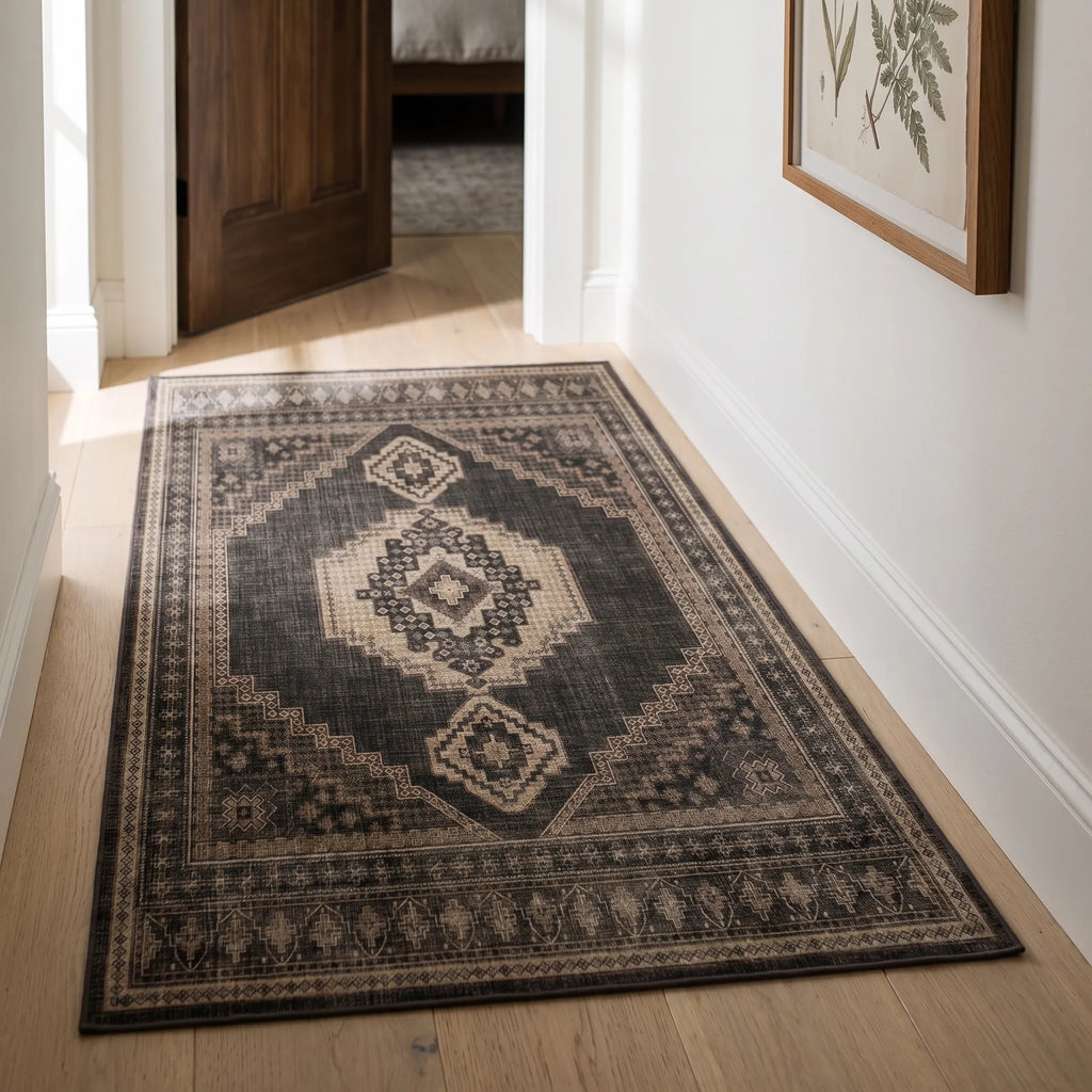 Rayne Charcoal and Tan Rug in a hallway