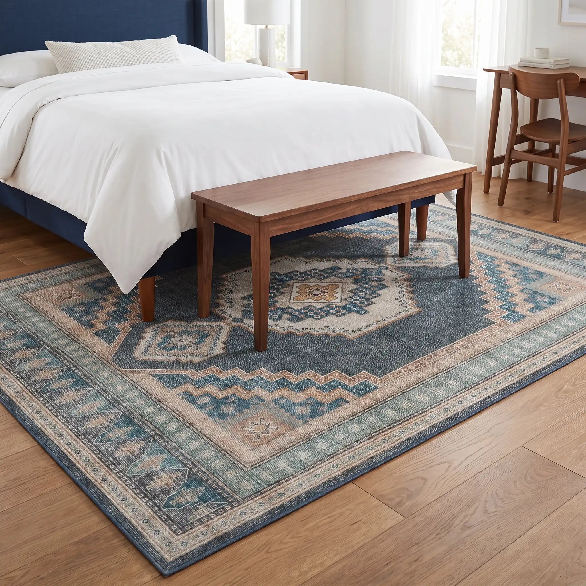 Rayne Soft Navy Rug in a bedroom