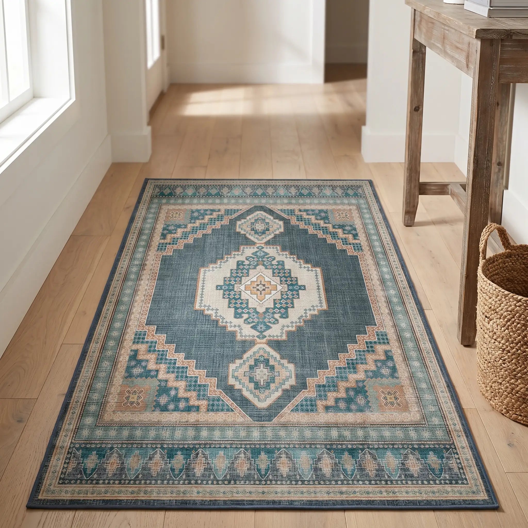 Rayne Soft Navy Rug in a hallway
