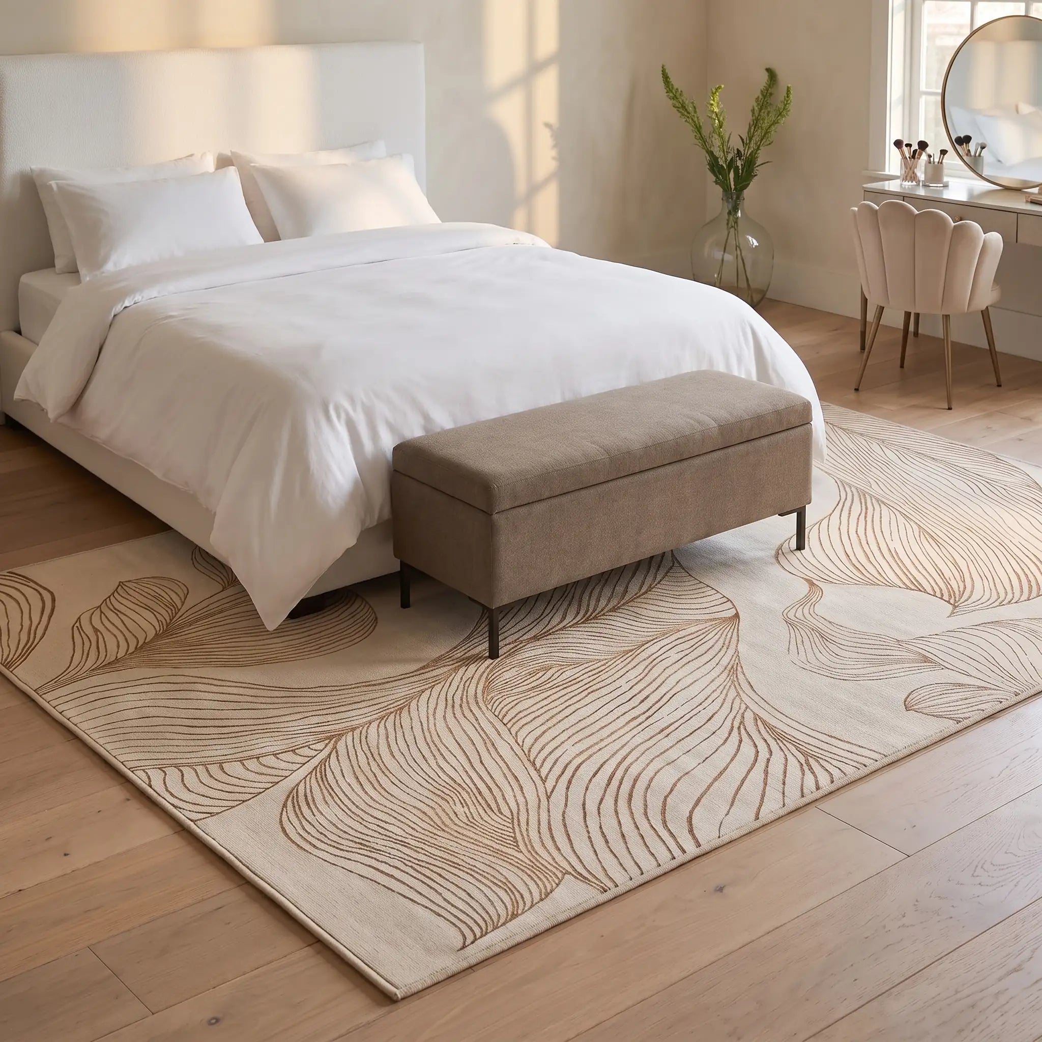 Sana Cream and Gold Botanical Rug in a bedroom