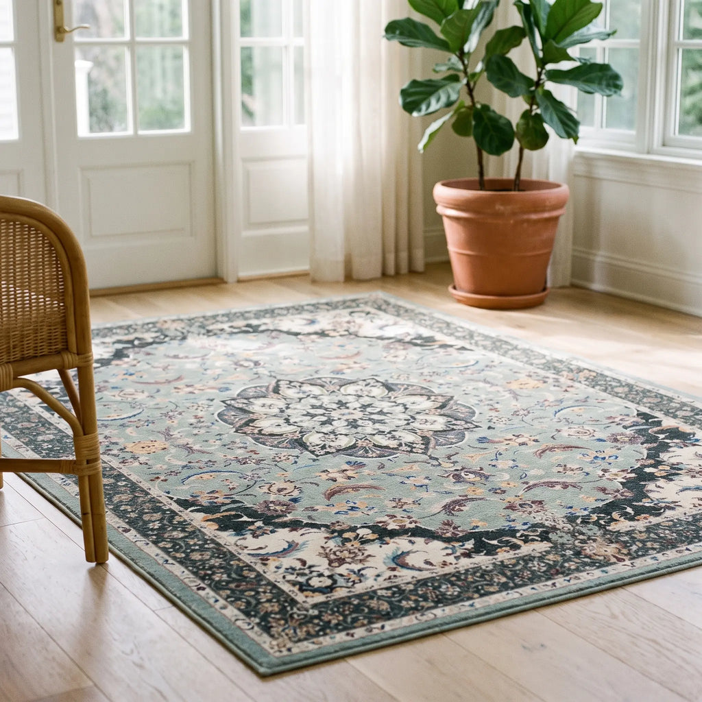 Sima Sage Rug in a sunroom