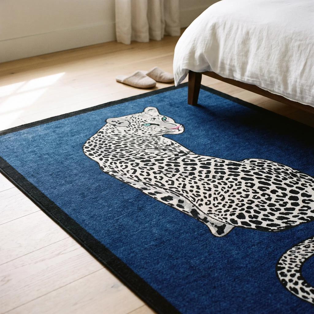 Snow Leopard Sapphire Rug in a bedroom