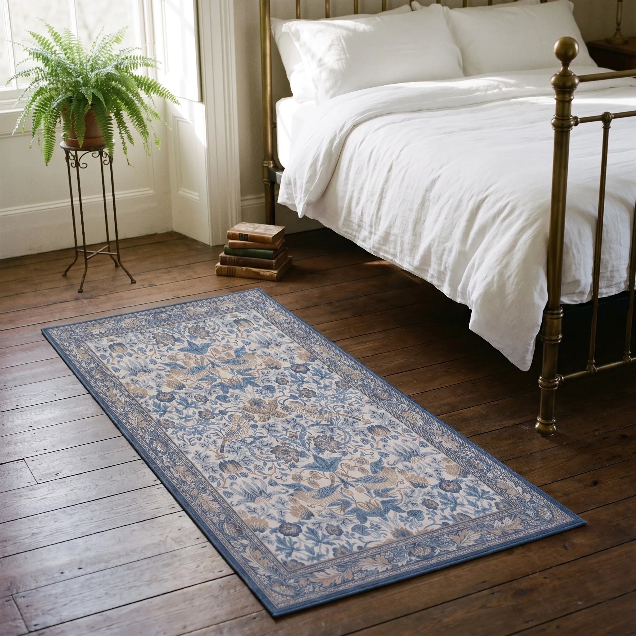 Strawberry Thief Indigo and Ivory Rug beside a bed