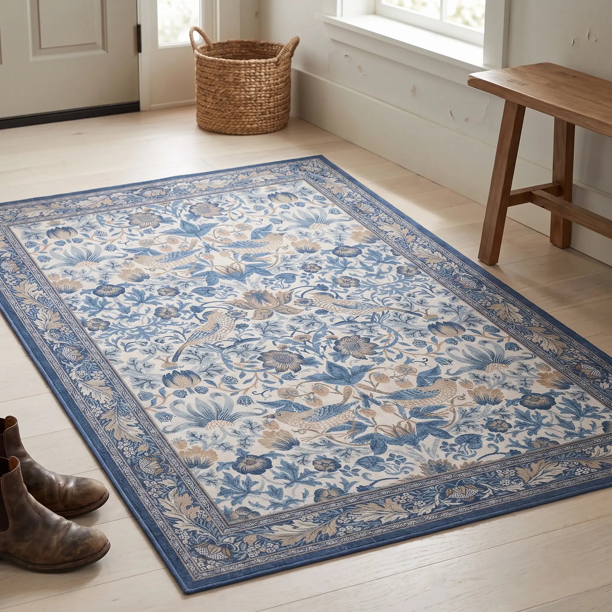 Strawberry Thief Indigo and Ivory Rug in an entryway