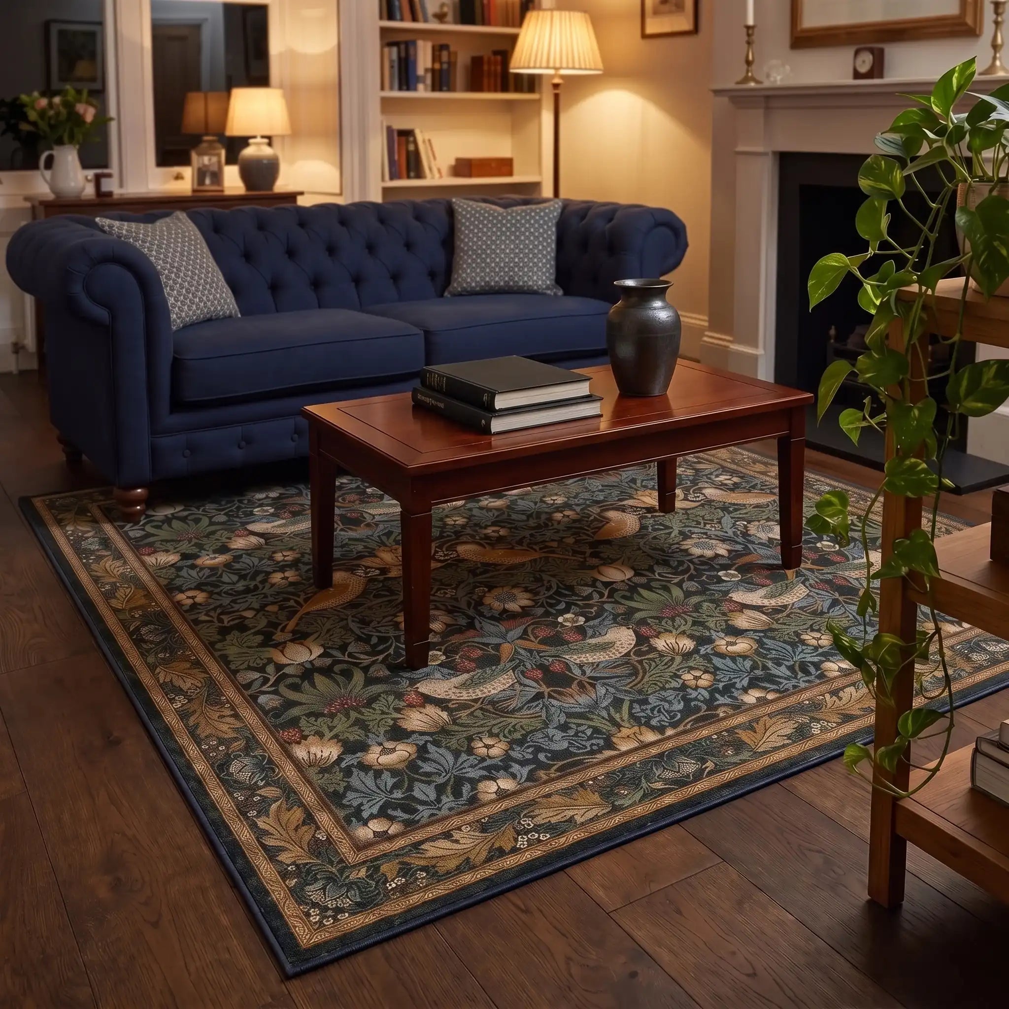 Strawberry Thief Indigo Bird Rug in a living room