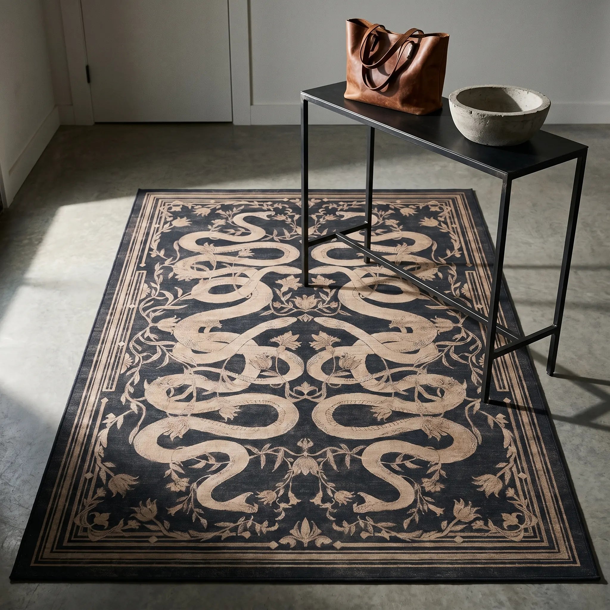 Sumaya Soft Black Rug in an entryway