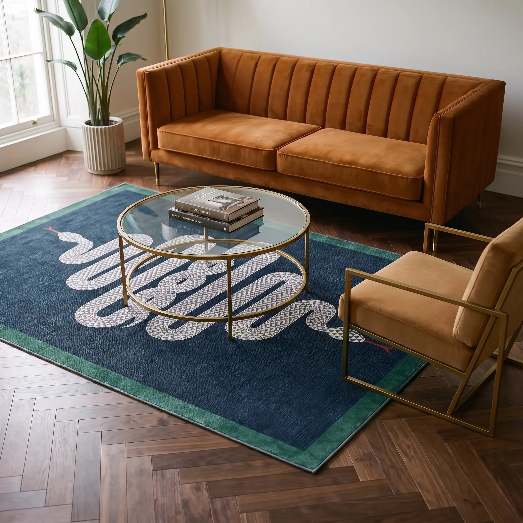 Venom Sapphire Serpent Rug in a living room