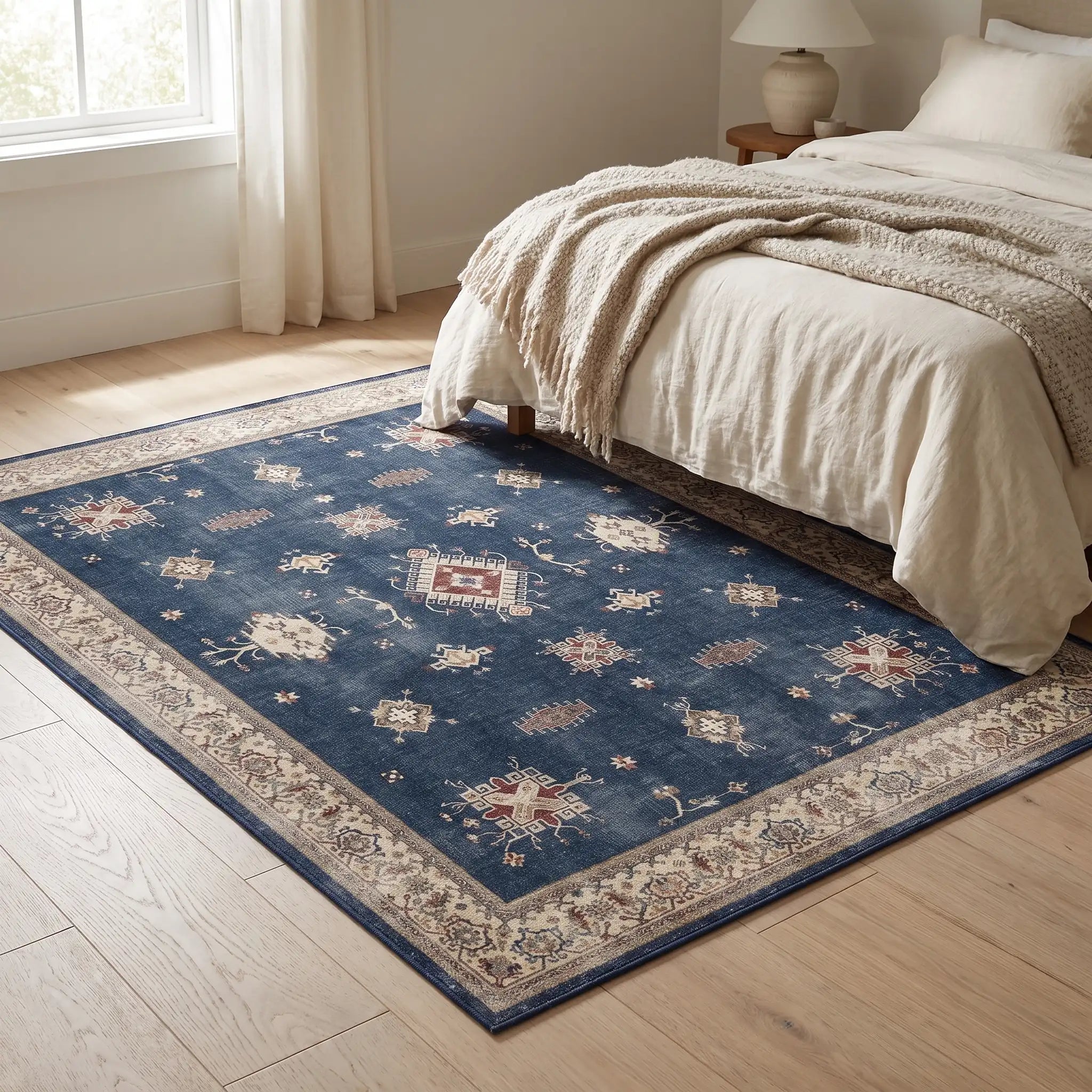 Verena Sapphire Blue Rug in a bedroom