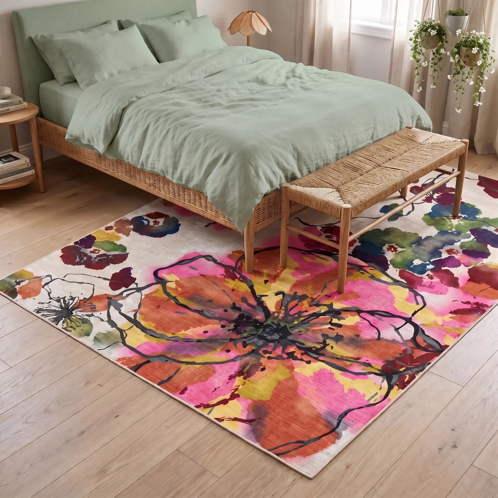 Watercolor Floral Multicolor Rug in a bedroom