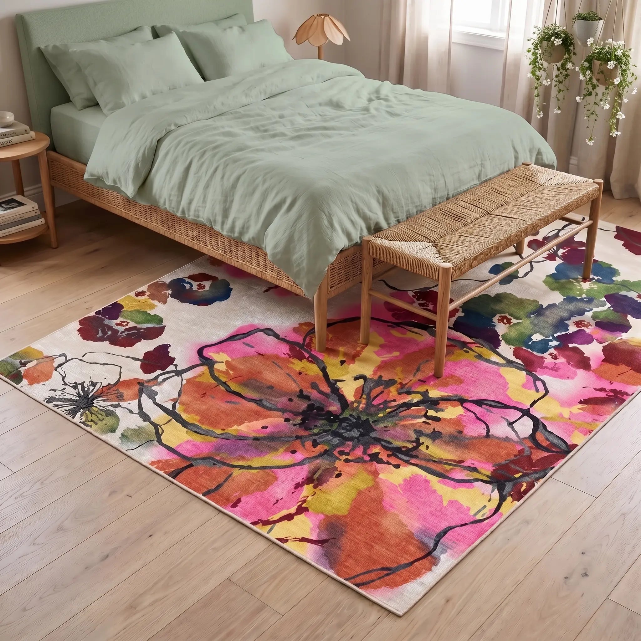 Watercolor Floral Multicolor Rug in a bedroom