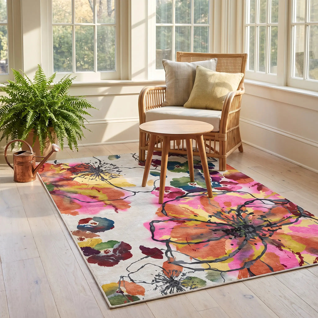Watercolor Floral Multicolor Rug in a sunroom