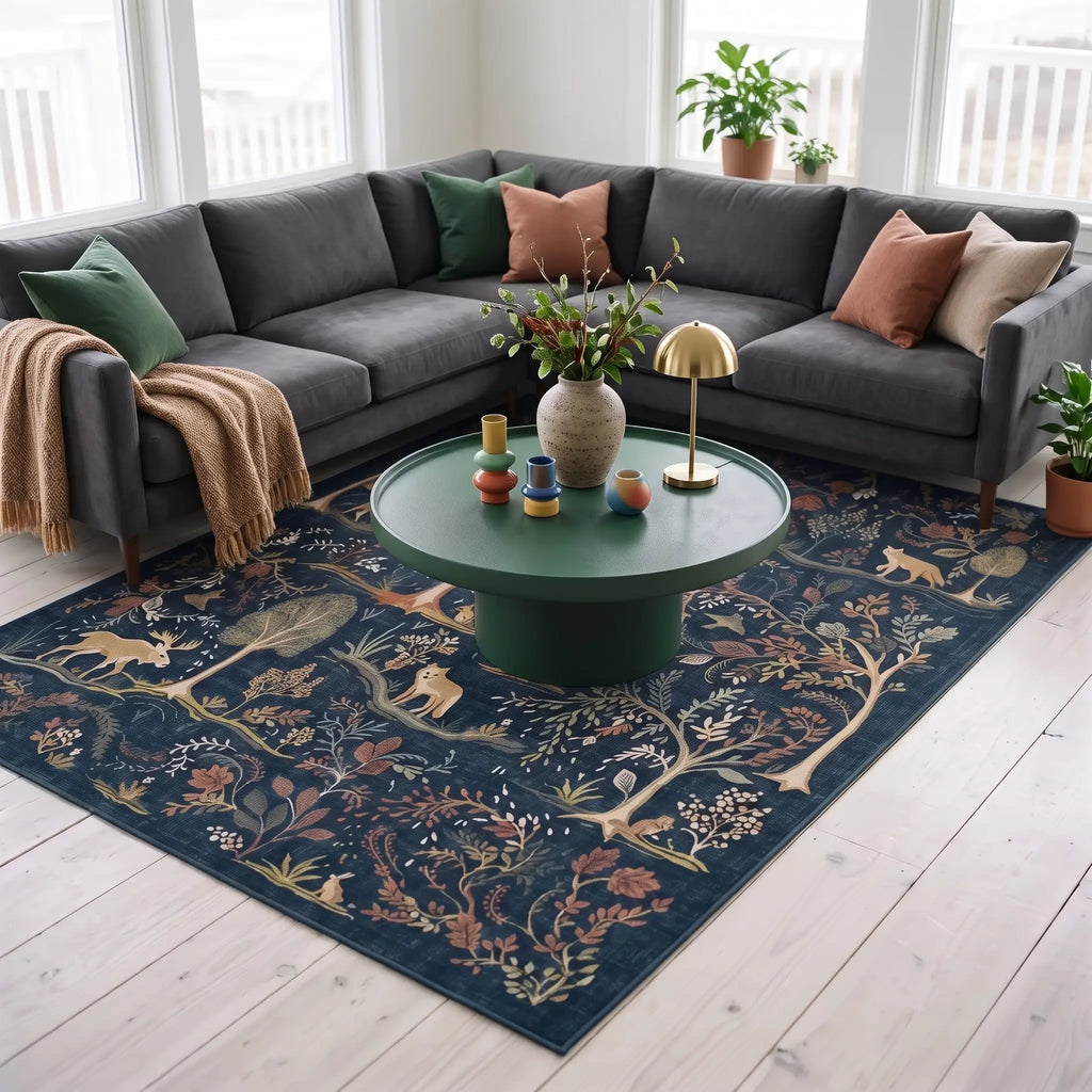 Wilder Blue Woodland Rug in a living room